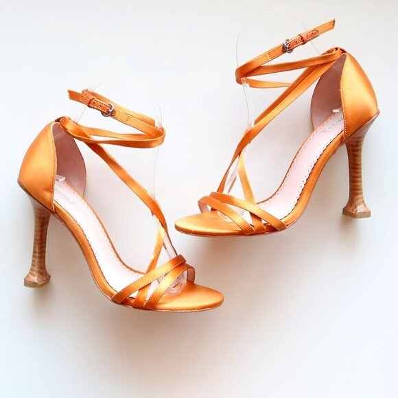 Leon Max Orange Satin Ankle Strap Open Toe Heels / Sandals / Dressy Shoes 6.5 - Picture 1 of 16